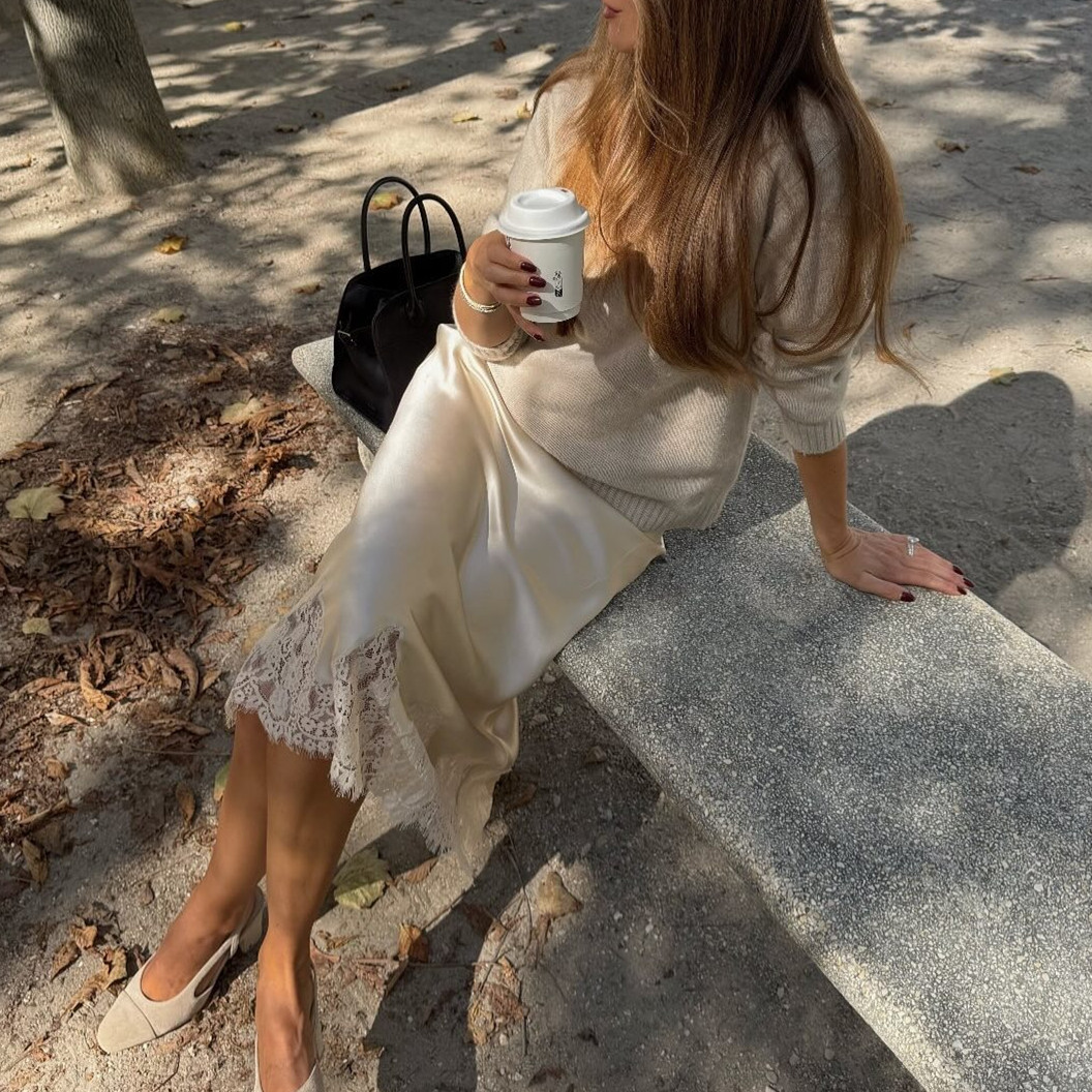 Femmes soie Satin demi-glissement jupes longues dentelle Patchwork taille élastique jupe longue élégante soyeuse fluide une ligne jupes mi-longues