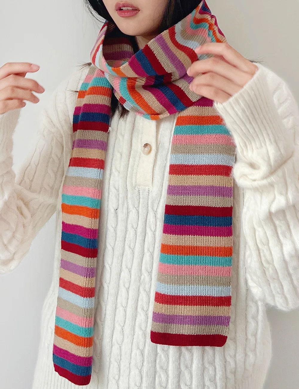 Écharpe chaude à rayures arc-en-ciel pour femmes, châle japonais doux pour femmes, tricots de mode, style coréen, automne et hiver