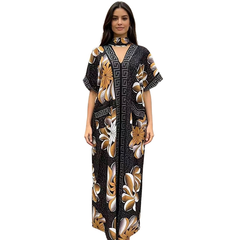 Abaya musulmane imprimée à col en V, robe longue ample et tendance avec strass, grande taille, nouvelle collection 2026, Dashiki + foulard