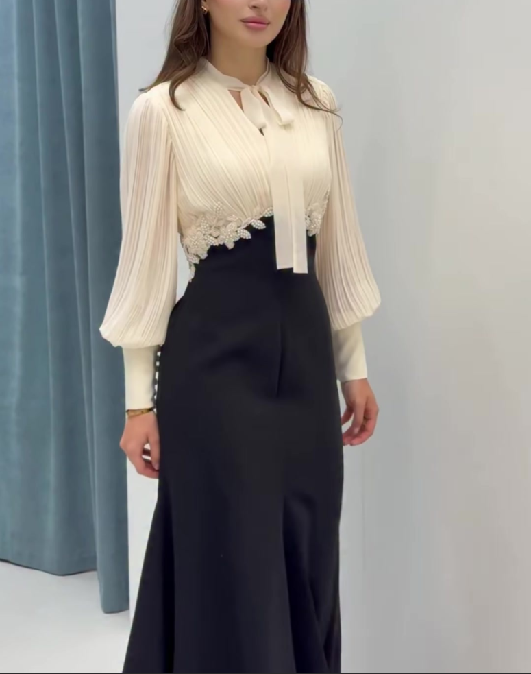 Nouvelle Robe Décontractée Femme Printemps-Été 2026 à Lacets, Coupe Slim, Manches Longues, Style Patchwork S215a