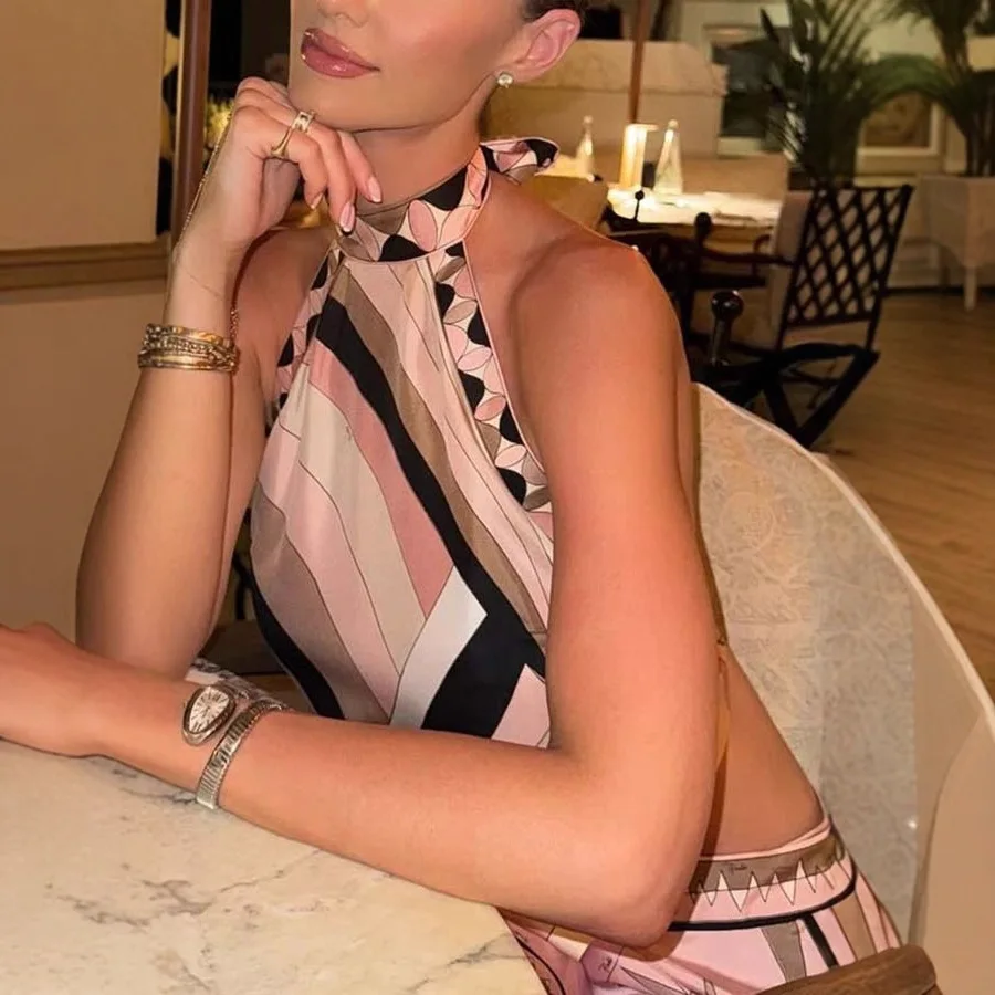 Ensemble deux pièces style plage imprimé, jupe irrégulière, haut dos nu à lacets pour femme, ensembles 2 pièces décontractés pour les vacances