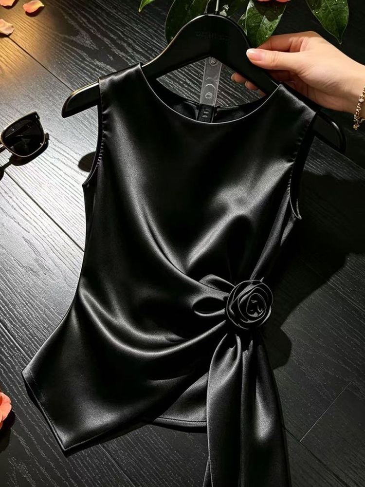 Débardeurs en satin élégants et chics pour femmes, coupe ajustée, col rond, motif floral 3D, sexy, tendance, décontractés d'été, design uni, style Ins, haut sans manches
