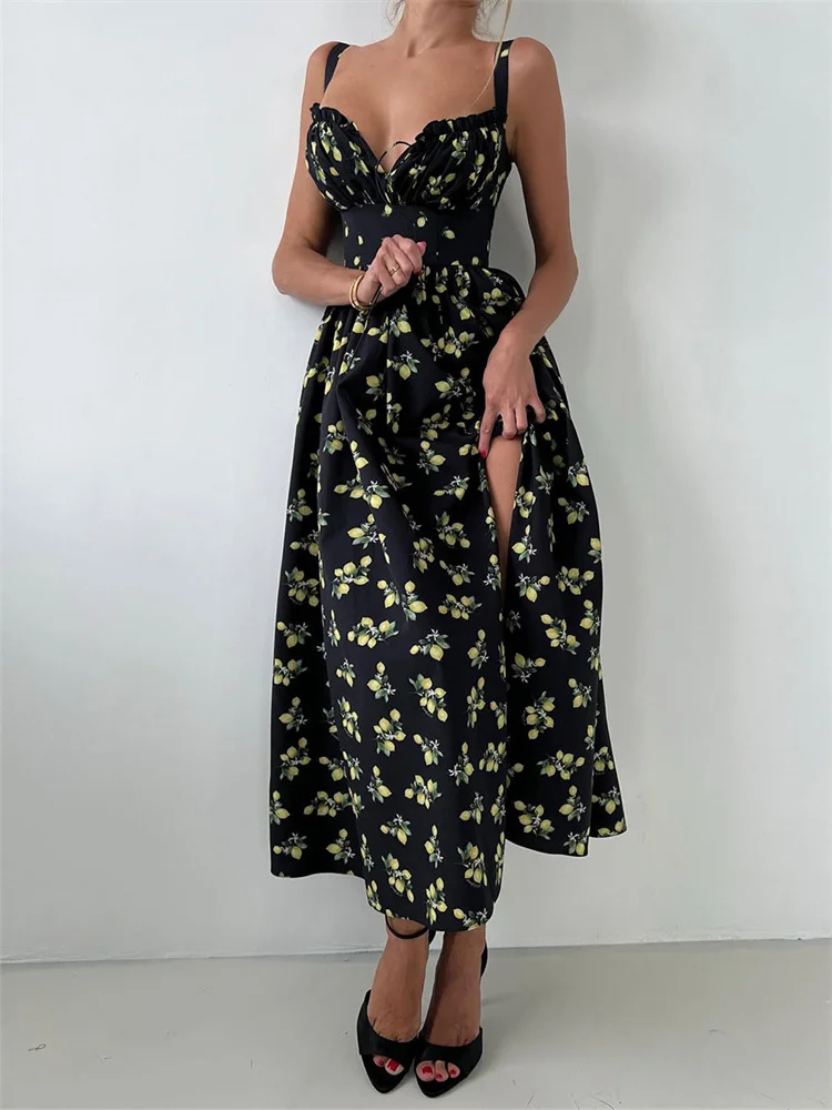 Robe Maxi pour femmes, col en v, imprimée, élégante, à lacets, nouvelle mode, sans manches, moulante, contrastée, été 2025