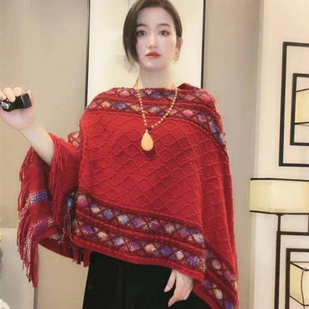 Poncho mongol chaud en peluche pour femme, Style ethnique, Imitation cachemire, rayures rhombiques, pompon, châle, enveloppes en tricot, mode hiver