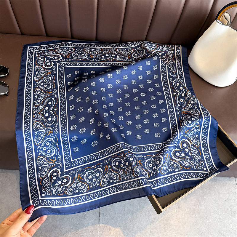Foulard carré classique en soie bleue pour femme, imprimé cachemire, bandeau en satin, ruban pour sac à main, hijab, foulard de cou, bandeau pour la tête