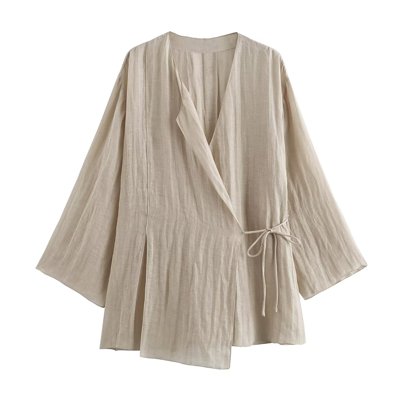 Kimono en lin croisé à manches longues pour femmes, col en V à lacets, chemise d'été décontractée, élégant