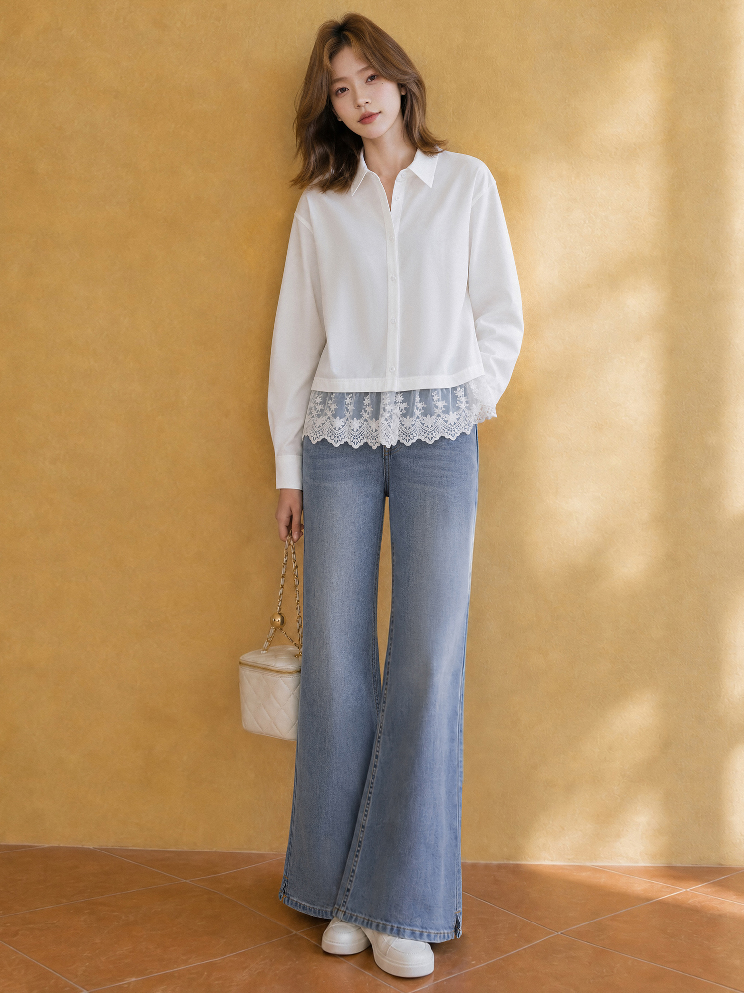 Chemisier en Chiffon Blanc XIAOGULI pour Femme, Manches Longues, Ourlet en Dentelle, Collection Automne 2026, Coupe Ample Décontractée, Grande Taille XL, Tenue Quotidienne et de Bureau