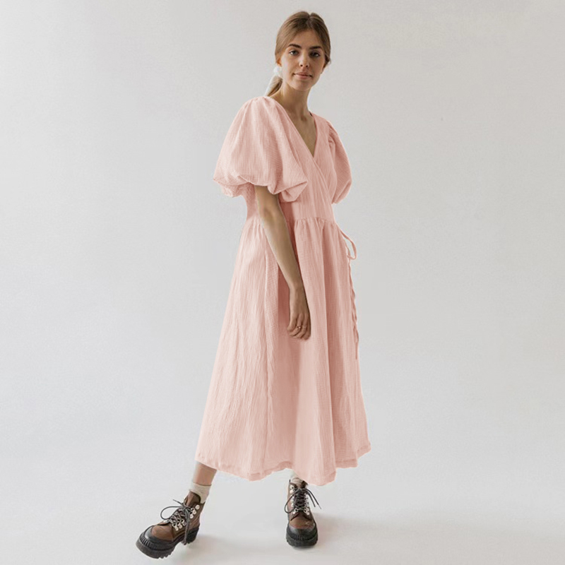 Robe longue vintage 100 % coton à manches bouffantes pour femme, en mousseline de crêpe gaze, col en V, avec bandage et dentelle, élégante, pour fête d'anniversaire