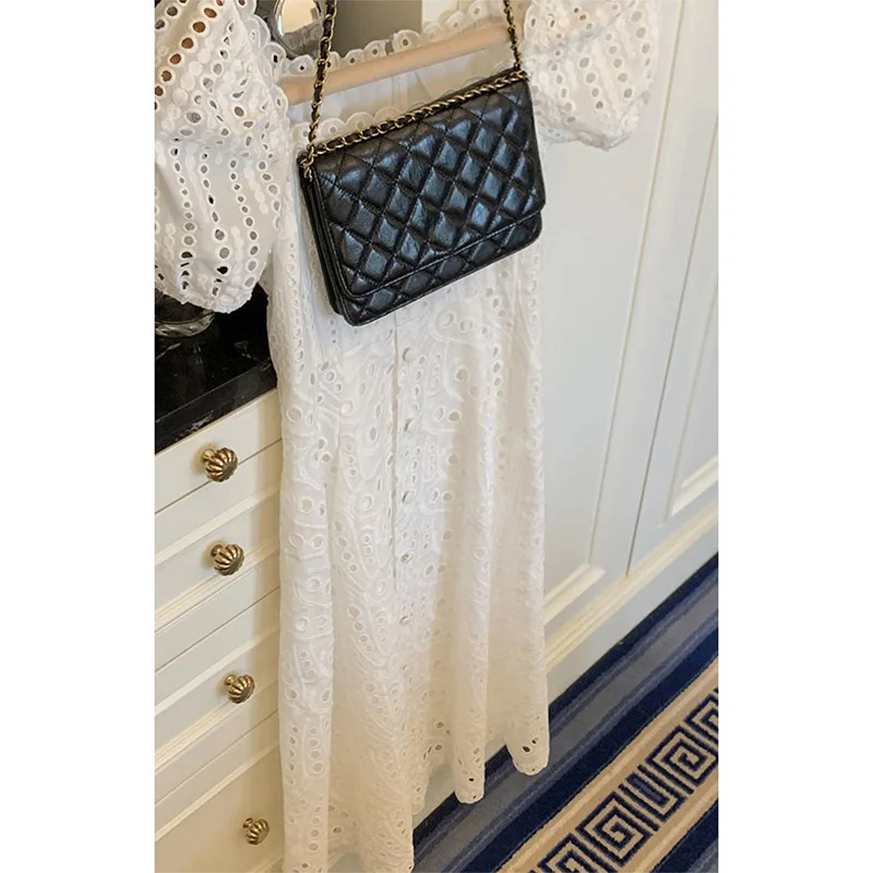 Robe mi-longue blanche évidée pour femme, robe à manches courtes, mode éducative, élégante, coréenne, chic, française, sexy, Kawaii, été
