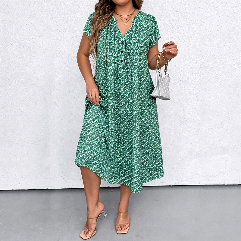 Robe mi-longue à col en v pour femmes, grande taille, manches courtes, imprimé boutonné, robe décontractée d'été avec poches pour les vacances