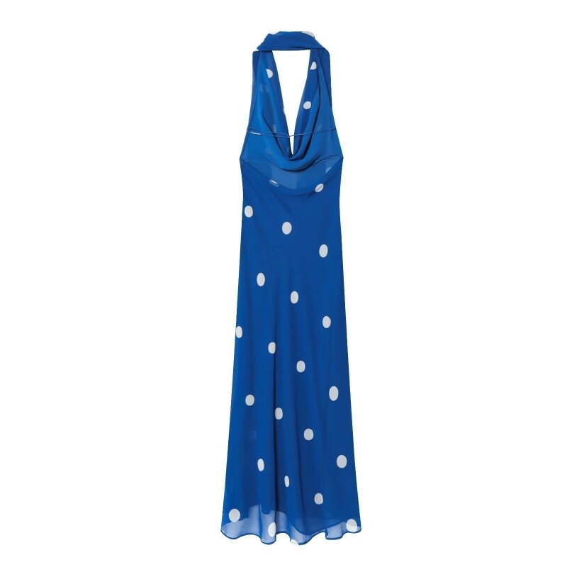 Robe de plage pour femmes, tenue d'été bleue à pois, col licou, ceinture, longueur cheville, coupe ajustée, tenue de vacances