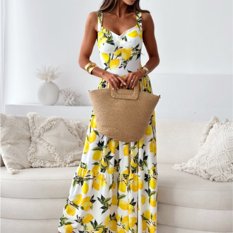 Robe longue d'été élégante pour femme, imprimé citron, à bretelles, pour la plage, les vacances, les soirées et les fêtes