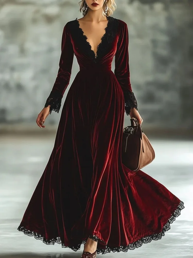 Robe de soirée élégante en velours pour femmes, décontractée, Sexy, col en v, Vintage, couleur unie, ourlet en dentelle, taille haute, plissée, ligne a, automne