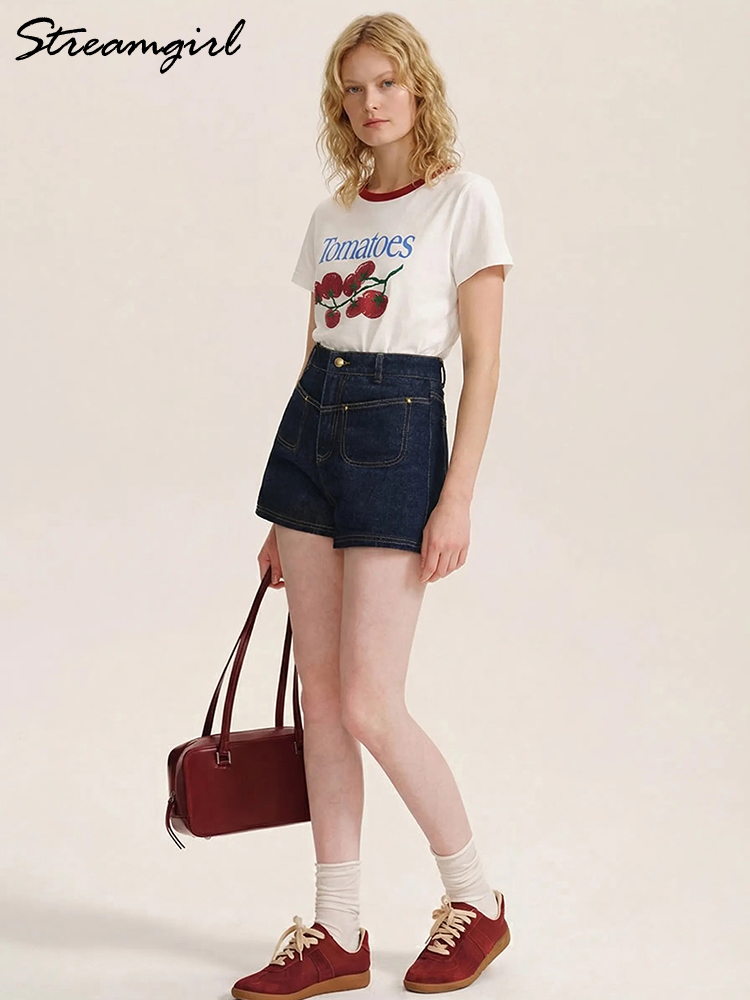 T-shirts d'été pour femmes, imprimés graphiques, coupe ajustée, motif tomates, hauts à manches courtes, color block, col rond, pour femmes