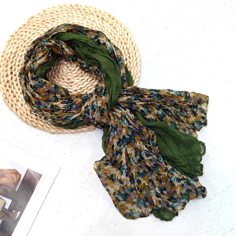 Écharpes longues en coton et lin, écharpe plissée à fleurs pour femmes, foulards bohèmes, respirants et chauds, légers, accessoires