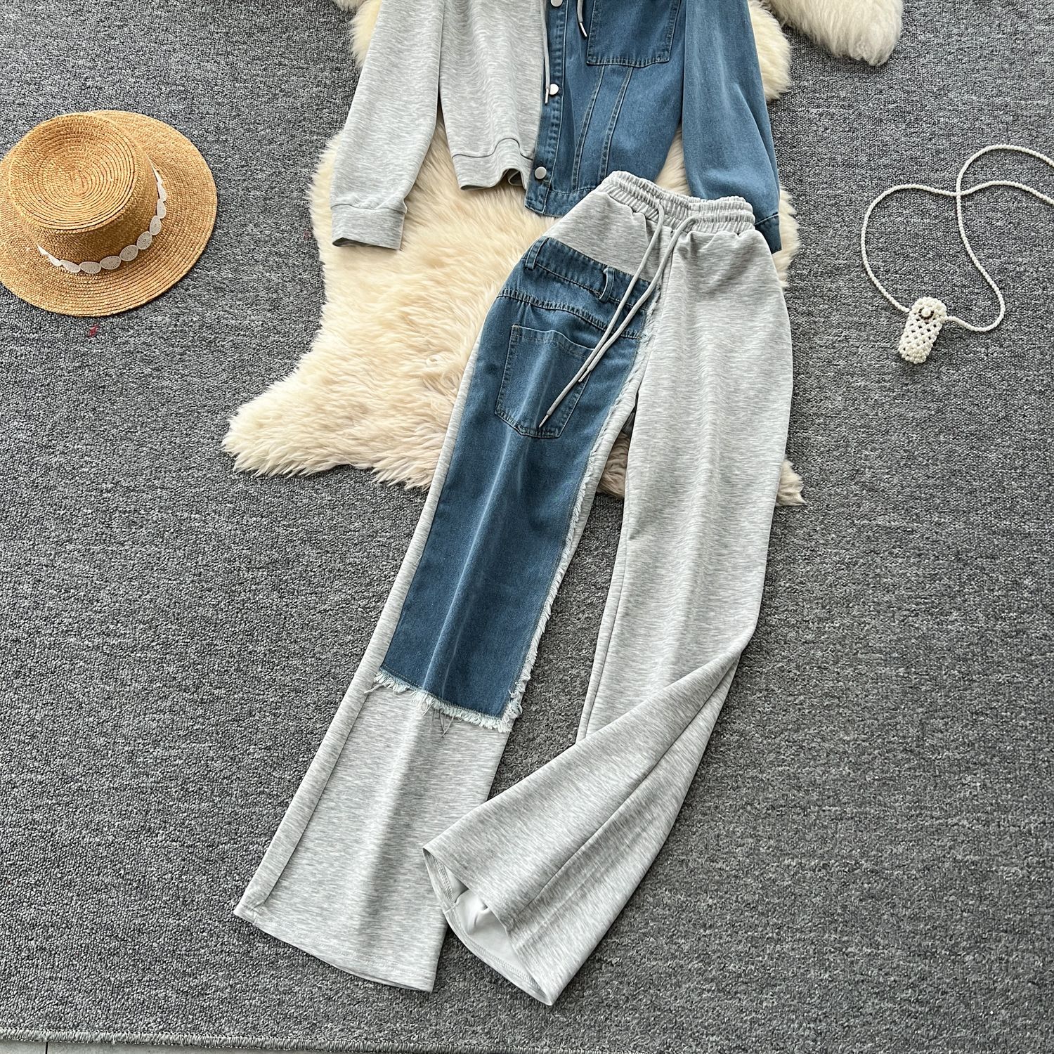 Ensemble pantalon femmes deux pièces ensembles à capuche ensembles assortis décontracté hauts amples jambe large pantalons longs taille élastique à lacets épissure Denim 2025
