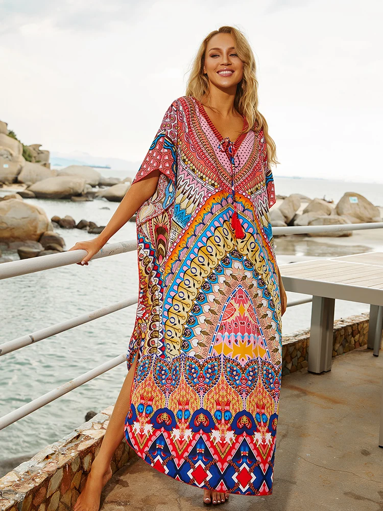 EDOCircnSA-Robe de plage maxi imprimée style bohémien, grande taille, kaftan d'été, vêtements de plage, cover-up pour les vacances, Q30/10/2018