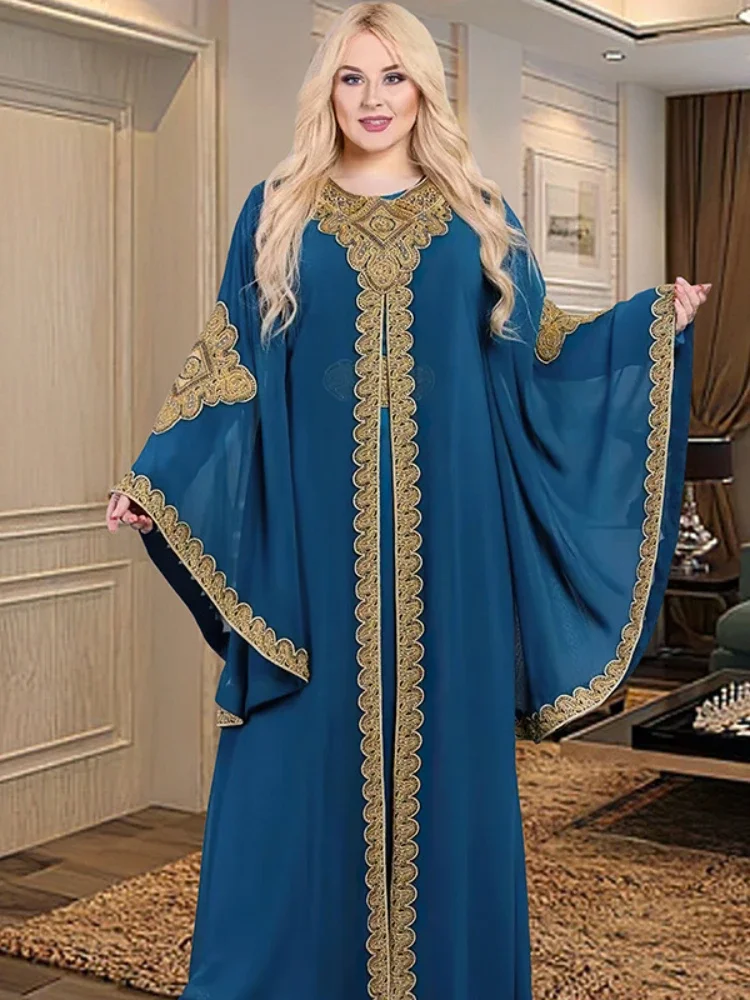 Abaya-Robes de soirée pour femmes, caftan musulman, manches évasées, robe brodée en dentelle dorée, trempée Jalabiya, Ramadan, ensemble de 2 pièces
