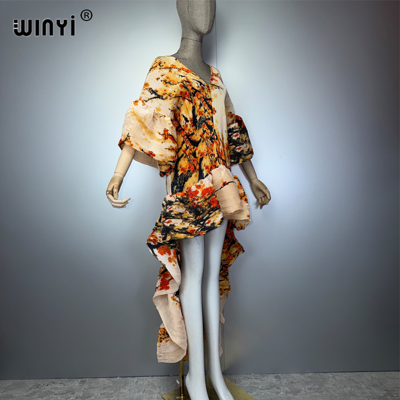 WINYI Robe plissée élastique et ajustée de style bohème pour femmes musulmanes, Kaftan Abaya, tenue de plage, longue robe de soirée de luxe de Dubaï