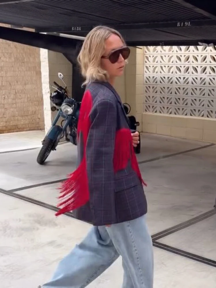 Blazer vintage à carreaux pour femme, tendance, avec empiècements contrastants rouges et franges, revers, manches longues, coupe oversize, chic, décontracté, streetwear