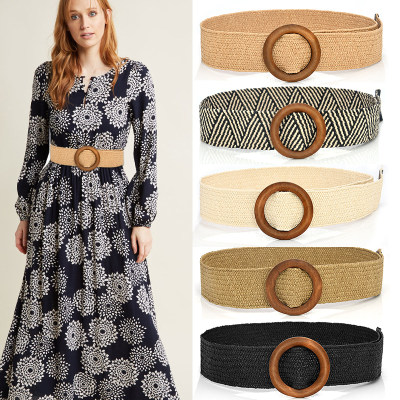 Ceinture de taille tressée Vintage pour femmes, style Boho, rond, carré, léopard, boucle en bois, fausse paille, large, offre spéciale