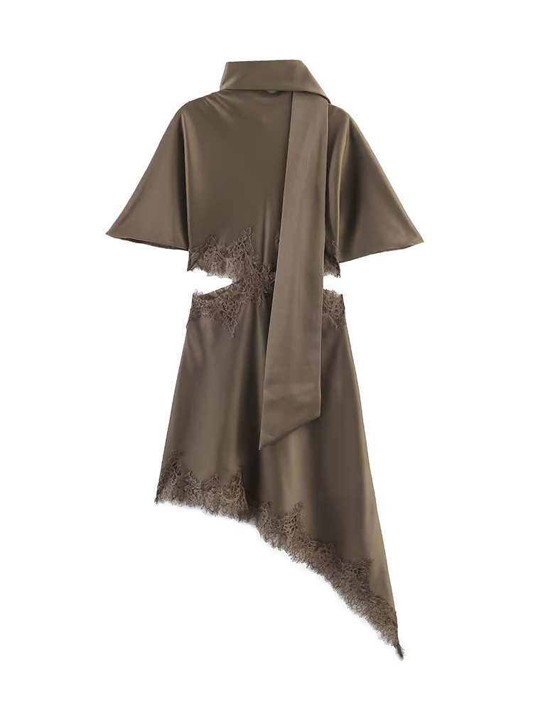 HH Été 2026 Robe Courte Femme Tendance à Manches Courtes en Dentelle, Col Foulard, Mini-Robe Asymétrique à Col Rond et Ouvertures