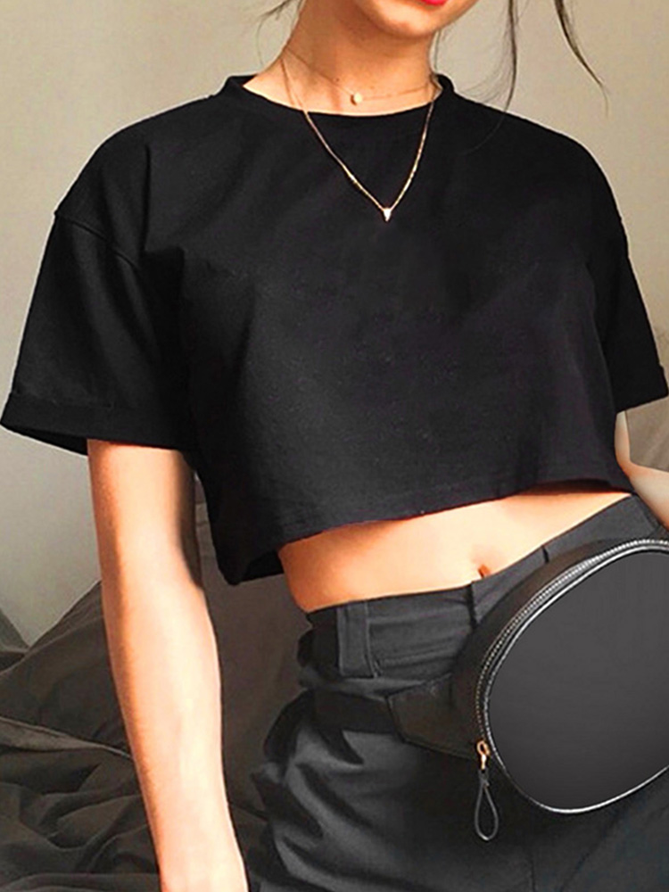 Harajuku chemise drôle Y2K femmes culture hauts décontracté noir Femme nombril T-shirt col rond court ample T-shirt été Streetwear