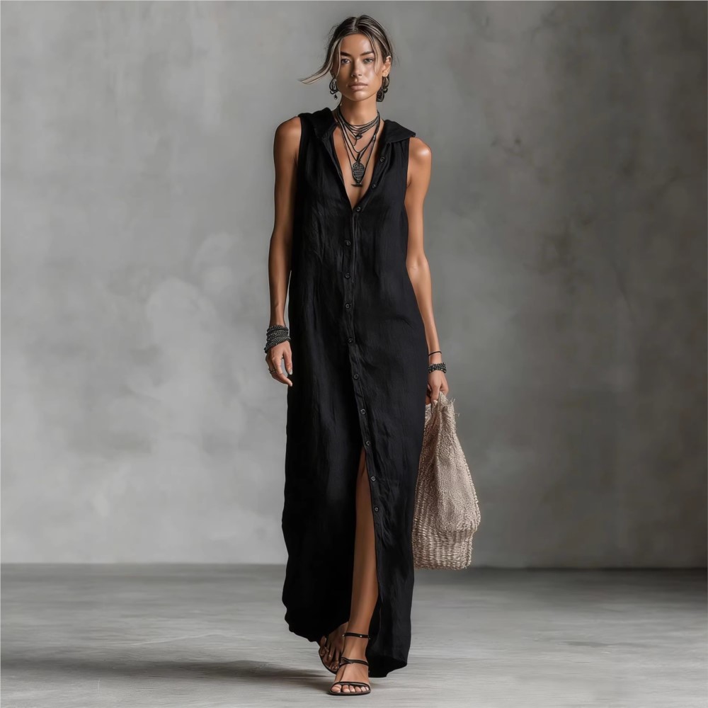 Robe longue décontractée à capuche pour femme, nouvelle mode estivale, élégante, sans manches, ajustée, à bouton unique, collection 2026