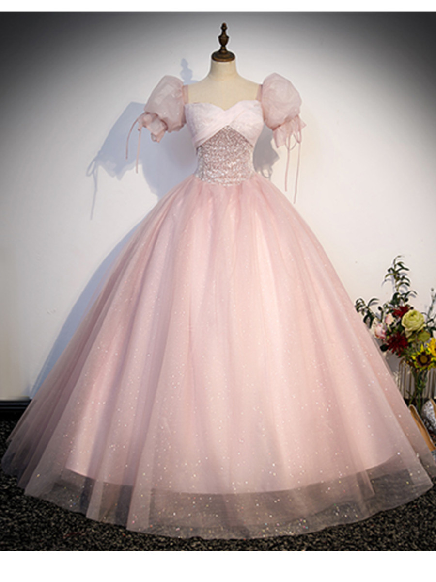 Robe de Soirée en Tulle à Paillettes et Manches Moelleuses, Tenue de Princesse, Longueur au Sol, Ligne A, Taille Haute, pour Banquet Formel, Élégante, Nouvelle Collection 2024