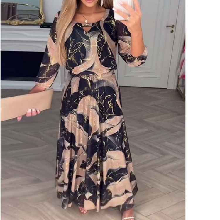 Robe longue imprimée pour femme, manches mi-longues, taille ajustée, coupe trapèze, élégante, col rond, style décontracté, pour le bureau, printemps 2026