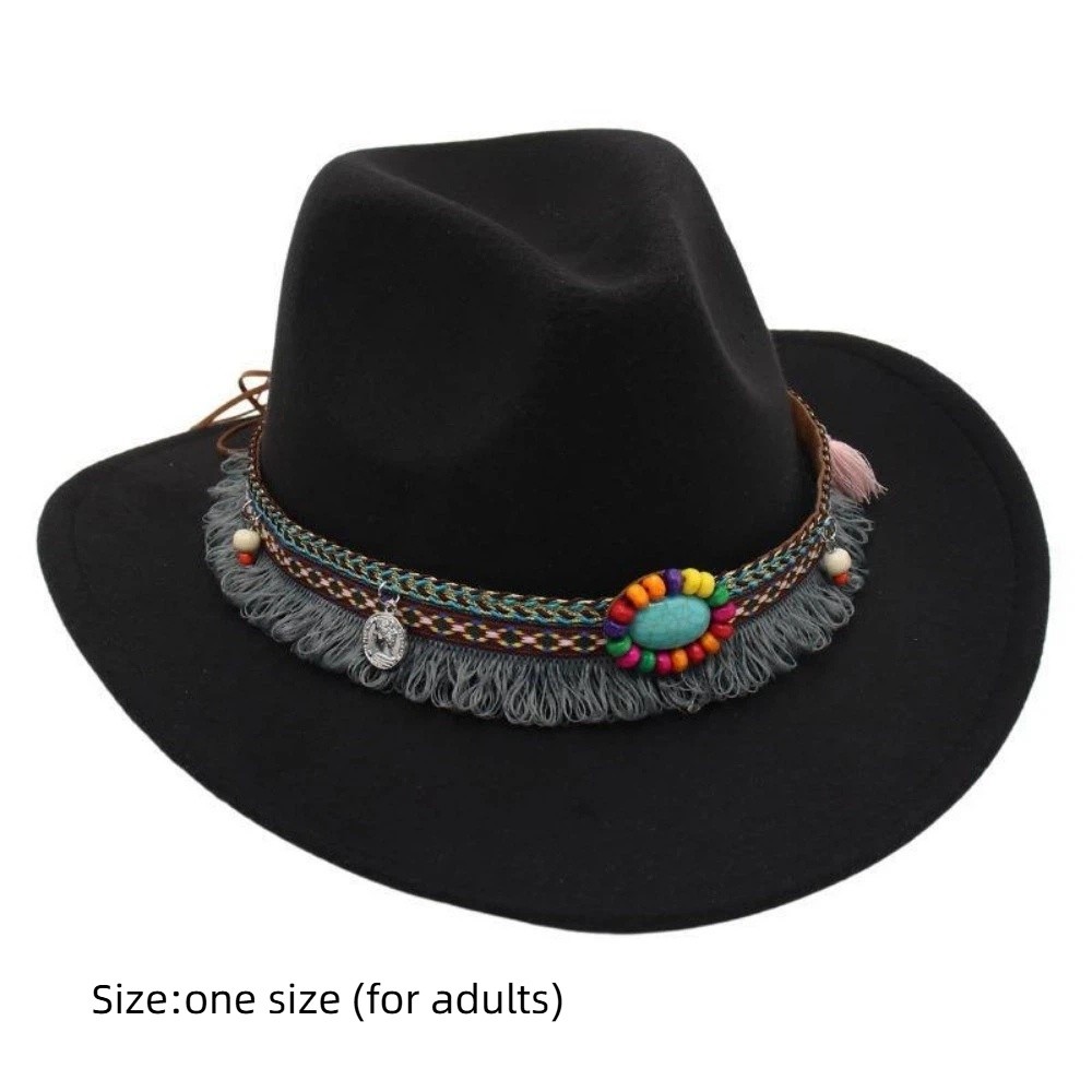 Chapeau de cowboy de style ethnique occidental, couleur unie avec pompons, chapeau tibétain à large bord, chapeau de cowgirl coloré à bord roulé en corde