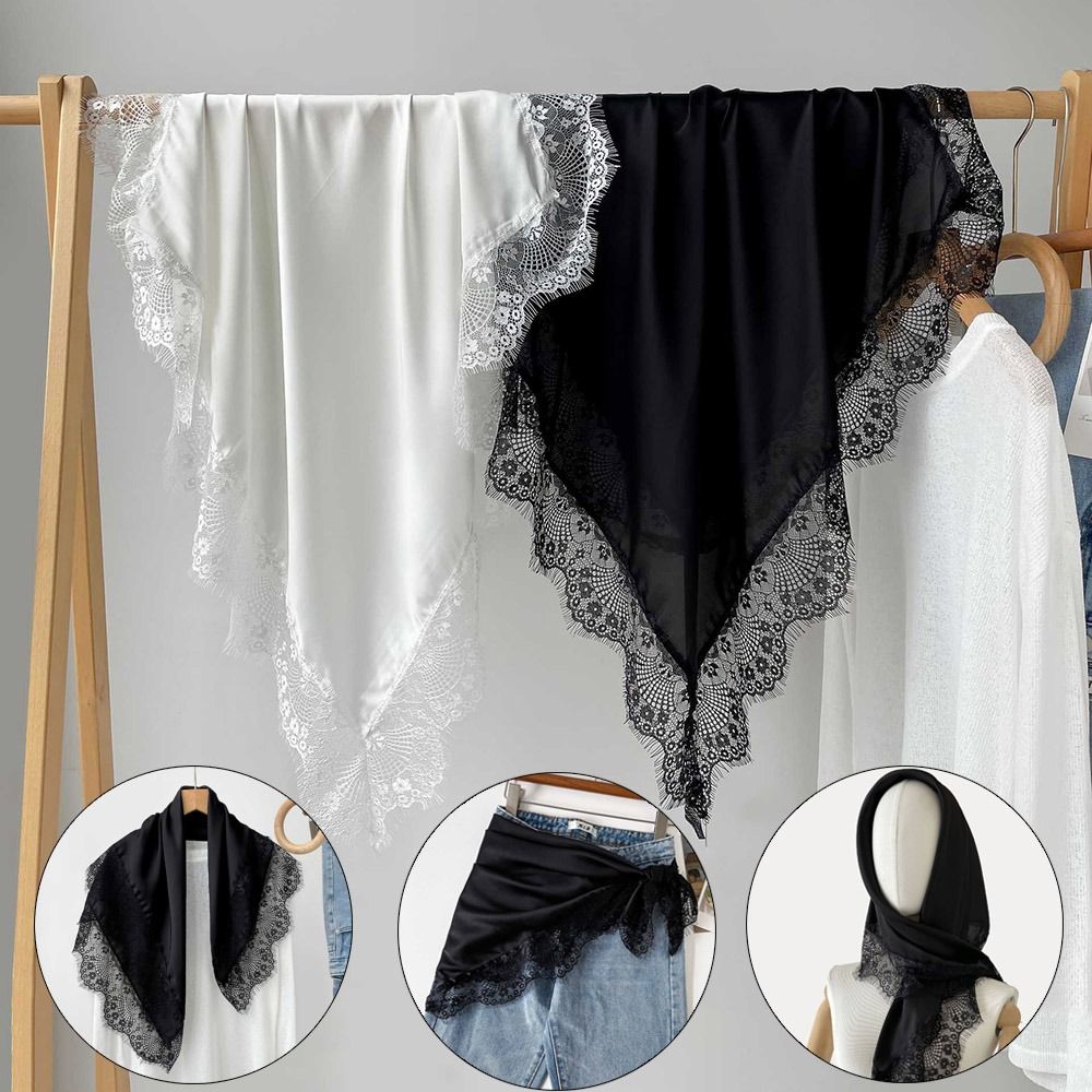 Écharpe carrée unie tendance avec bordure en dentelle, protection solaire, en fibre de satin lisse, foulard oversize pour la plage