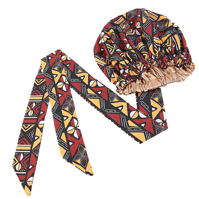 Bonnet en Satin Imprimé Africain pour Femme, Long Ruban Rond, Double Couche, Enveloppe de Sauna, Motif Ankara, Couvre-Cheveux, Grande Taille