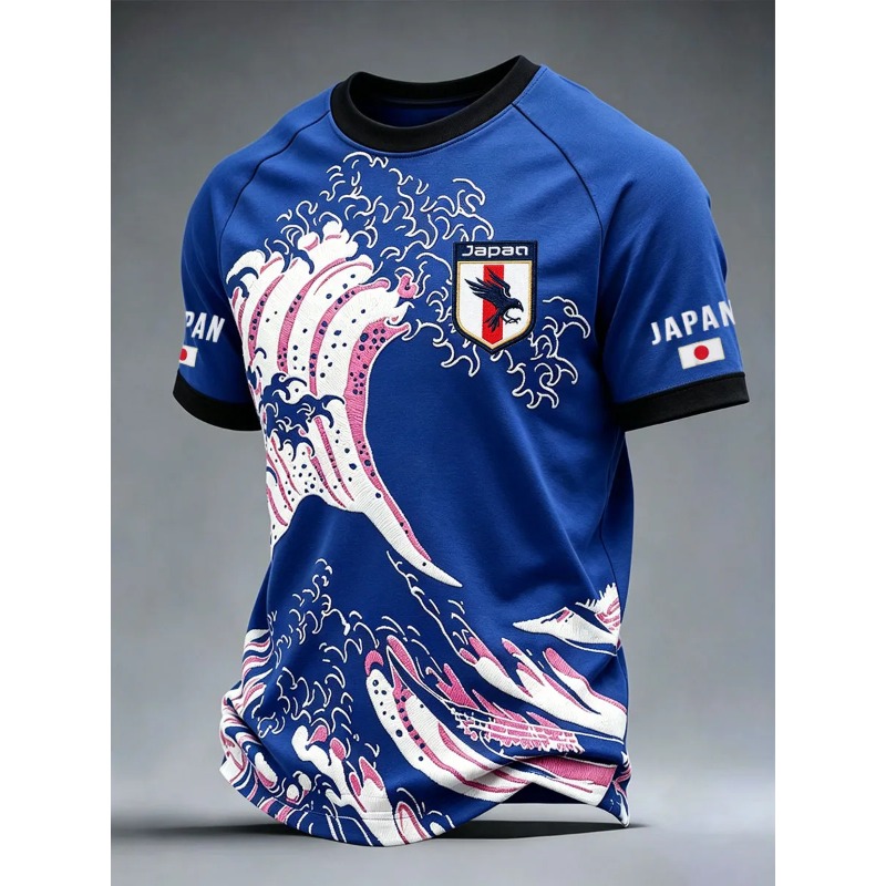 Maillot de football 3D unisexe, imprimé bleu Japon, motif fleur de cerisier et drapeau du Mont Fuji, manches courtes, pour supporter de football, idéal pour les matchs et la vie quotidienne.
