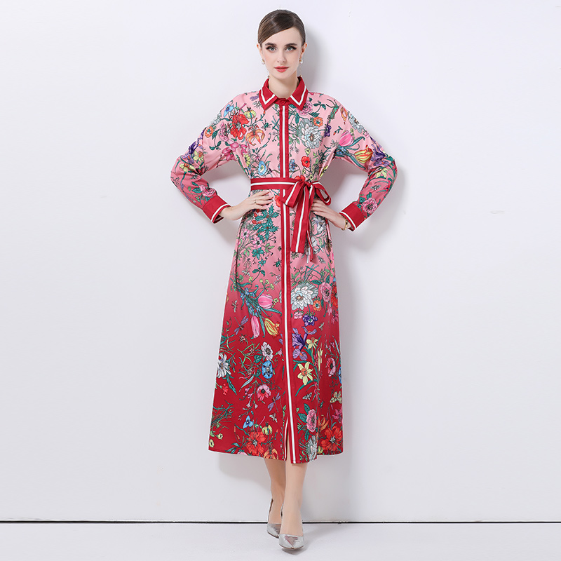 Robe chemise à manches longues pour femmes, col rabattu, simple boutonnage, imprimé Floral, à lacets, ample, vacances, Maxi, printemps