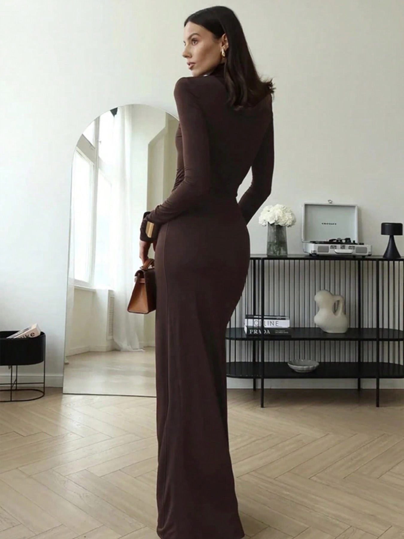 Robe Maxi moulante à col roulé Chic, froncée sur le côté, fente haute, manches longues, tenue élégante Vintage pour soirée, robes de bal
