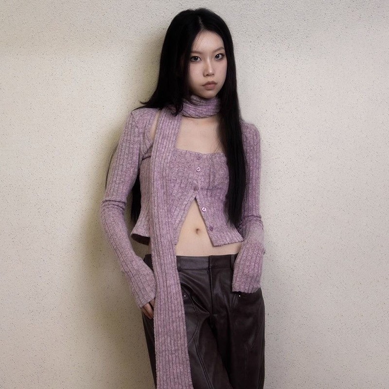 Karrram japonais Y2k court Cardigan avec écharpe mode coréenne violet tricots Vintage col carré culture Cardigans esthétique