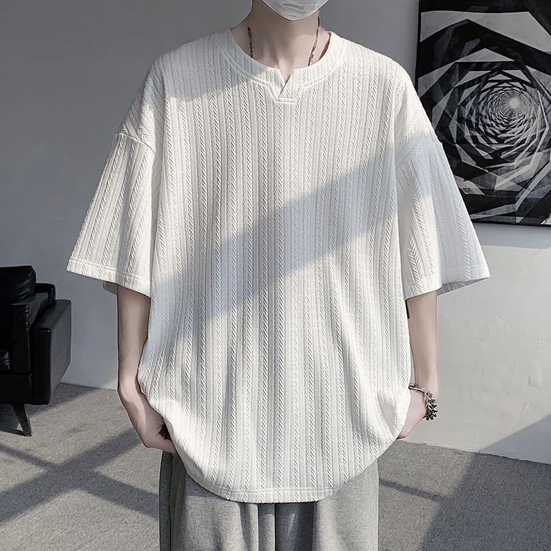 T-shirt décontracté pour homme en soie glacée, col en V, manches courtes, coupe ample, grande taille, tendance estivale, élégant et lourd