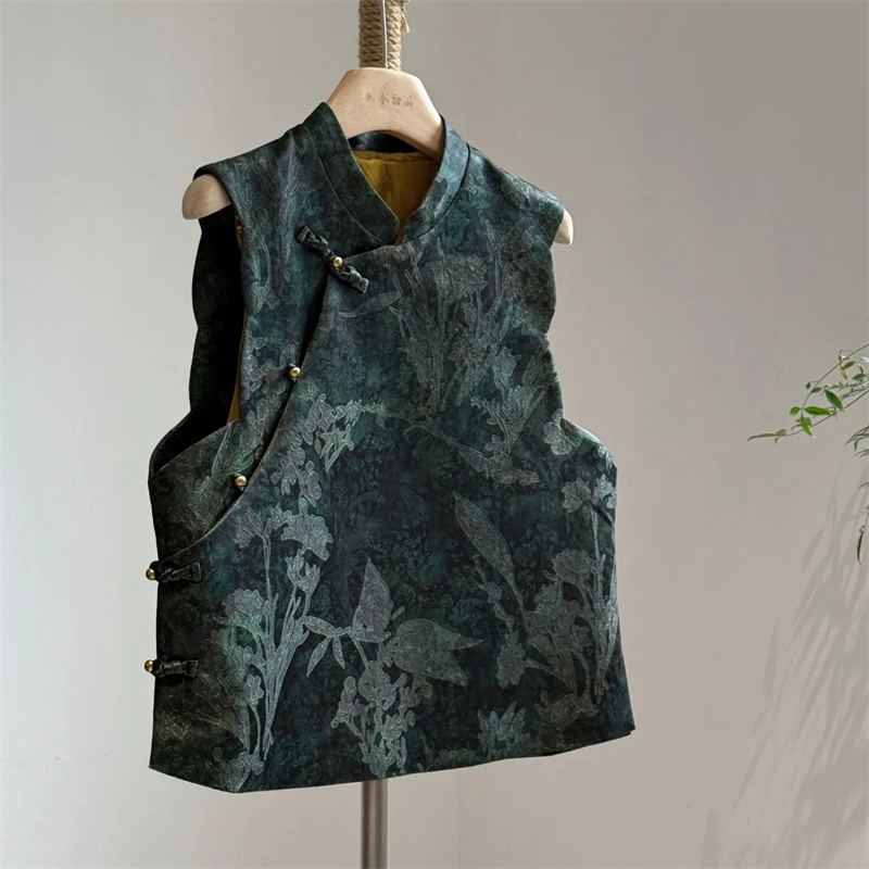 Gilets et vestes pour femmes, Gilet jacquard mode Joker, Gilet cardigan à col montant style ethnique pour femme, Haut vert foncé d'automne