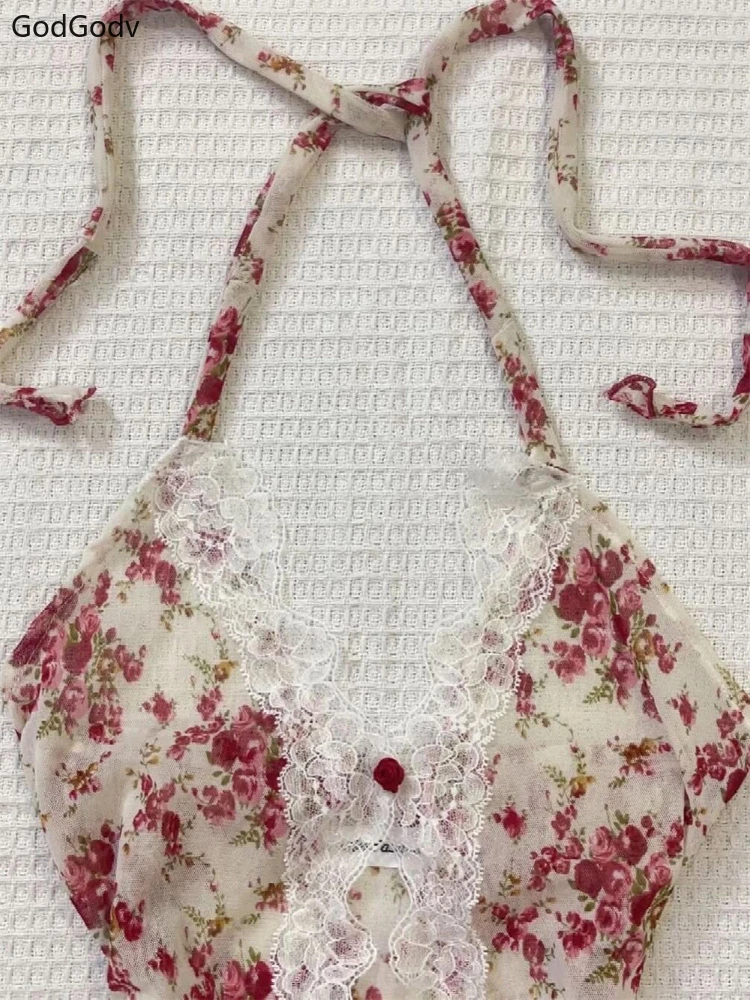 2025 été femme Floral licou dentelle Blouse 2025 Vintage Sexy Slim Fit fée mode coréenne femme hauts tenues Style élégant