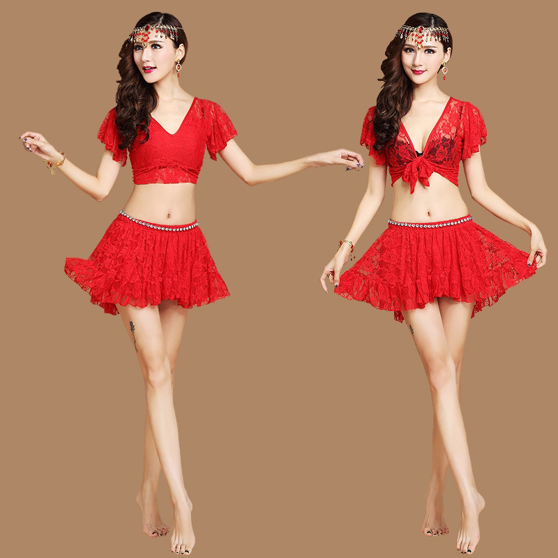 Ensemble de costume de danse du ventre avec jupe, robe en dentelle, manches évasées, col en V, sexy, fête, été