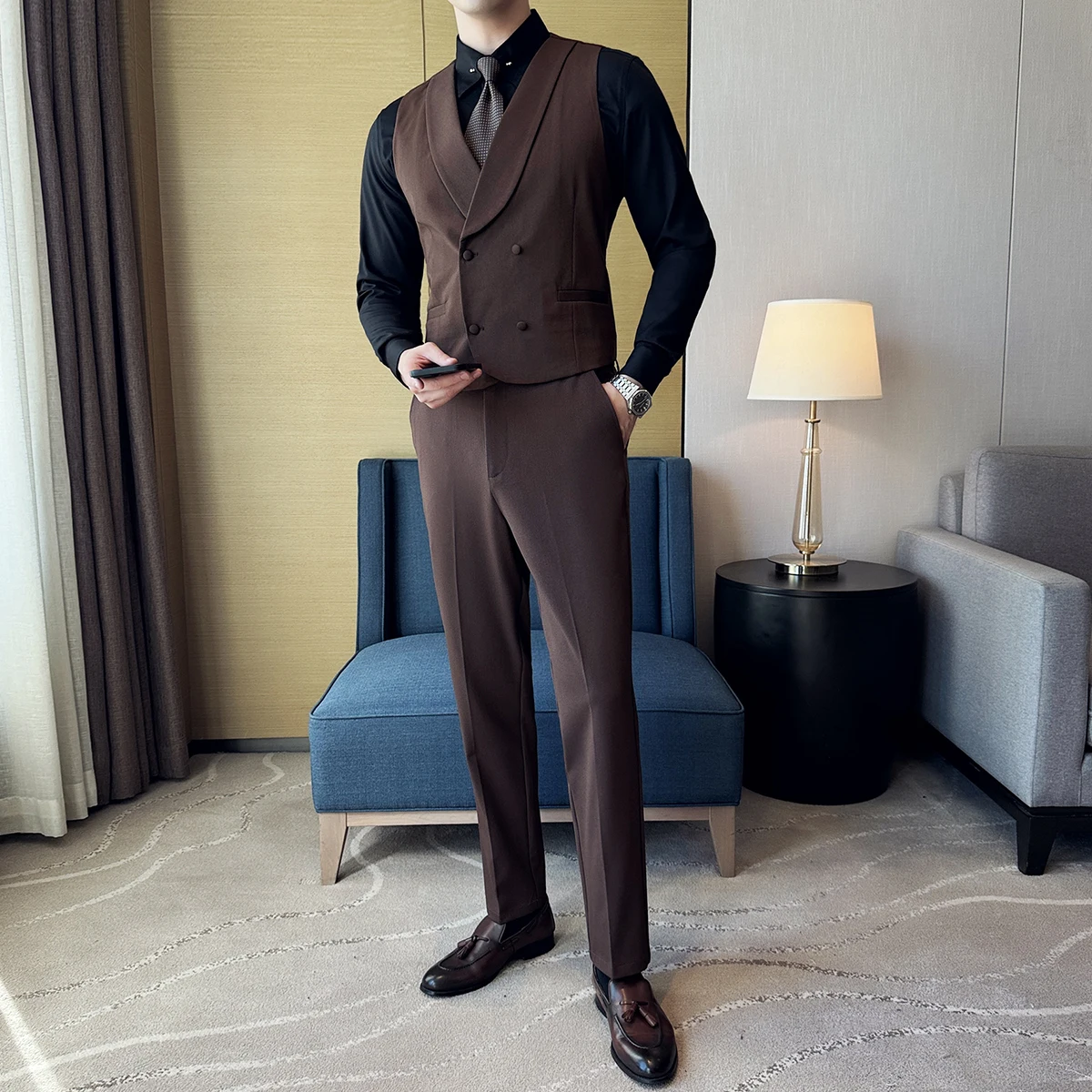 Pantalon Glaçage Trempé à Double Boutonnage pour Homme, Haut de Gamme, Slim, Business, Décontracté, Meilleur Marié, Robe de Mariée, Ensemble de 2 Pièces, Nouvelle Mode 2024
