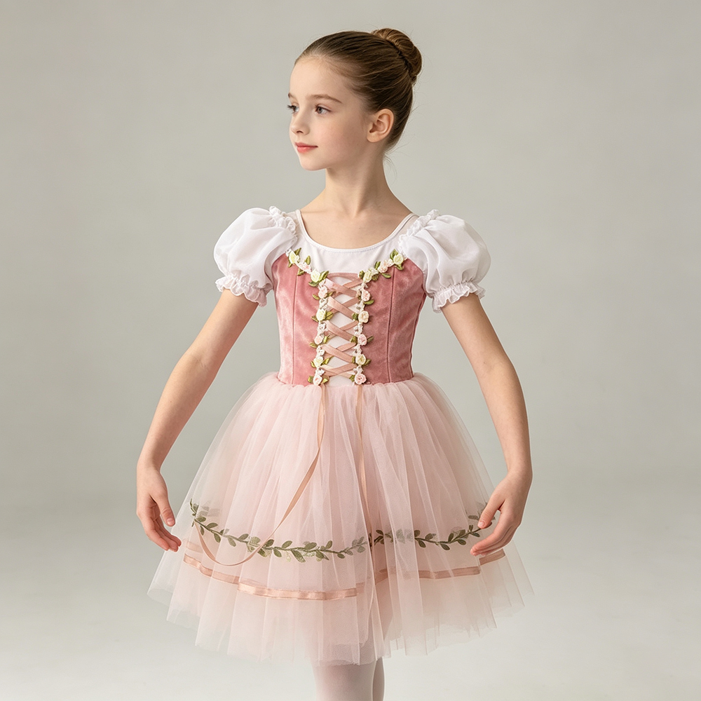 Robe de ballet professionnelle à manches bouffantes, en velours fleuri, patchwork de gaze et ruban, robe de ballerine pour fête, costumes de danse pour filles enfants