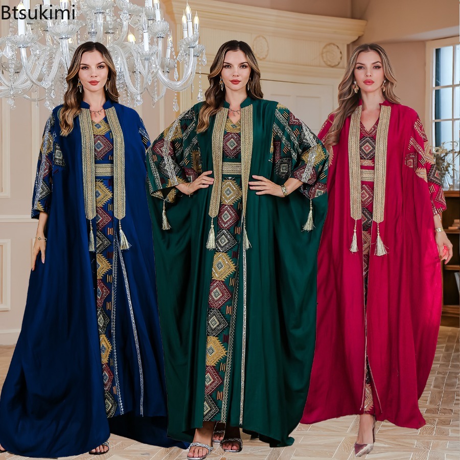 Ensembles 2 Pièces Musulmans pour Femme, Robes de Soirée Brodées, Ensembles Abaya Ouverte, Jalabiya, Kaftan de Dubaï, Robe de Fête, Cardigan pour l'Aïd et le Ramadan