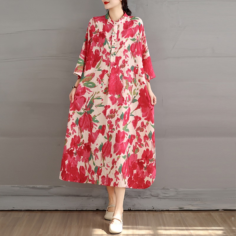 Robe longue ample en coton à imprimé floral vintage, nouvelle collection pour femme, tenue décontractée et élégante pour l'été 2026