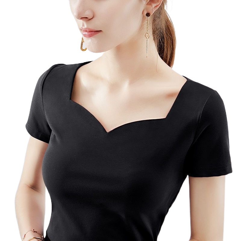 T-shirt à manches courtes pour femme, nouveau style rétro, col carré, coupe ajustée, style étranger, polyvalent, tendance