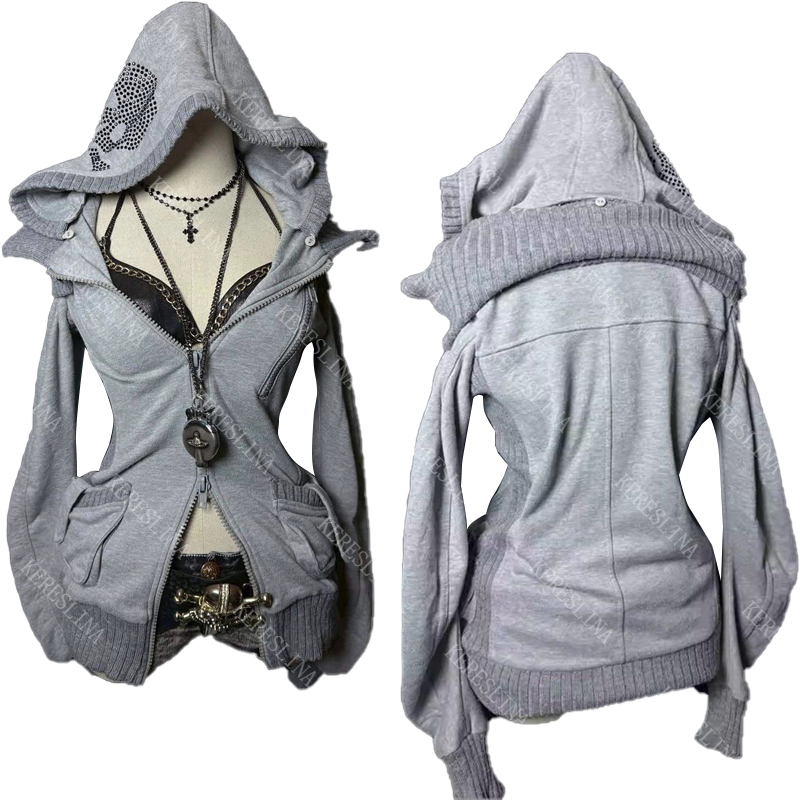 Femmes Cardigan Sweat À Capuche Veste Des Années 2000 Esthétique Harajuku Chaude Fille Mode Américain Rétro Y2K Rue Hip Hop Rock Veste