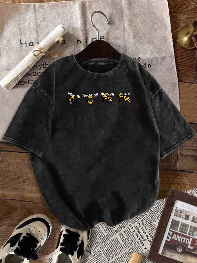 T-shirt Bee, T-shirt délavé, adapté aux trajets quotidiens, aux sorties décontractées, à la tenue quotidienne, style rétro classique, vêtements pour femmes