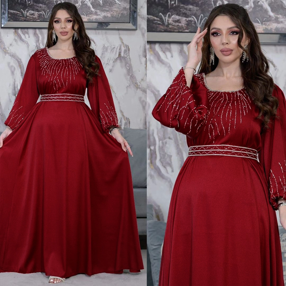 2025 Moyen-Orient Dubaï Femmes Élégant Hotfix Diamant Ceinture Maxi Robe Robe De Soirée, Robe Longue Robe Musulmane Saoudienne