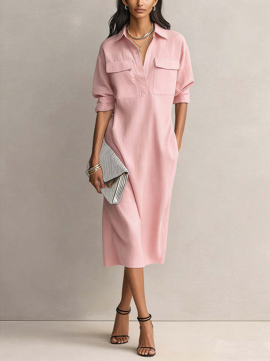 Robe chemise minimaliste unie pour femme, élégante, à demi-manches, col rabattu boutonné, avec poches, robe décontractée quotidienne, robes midi